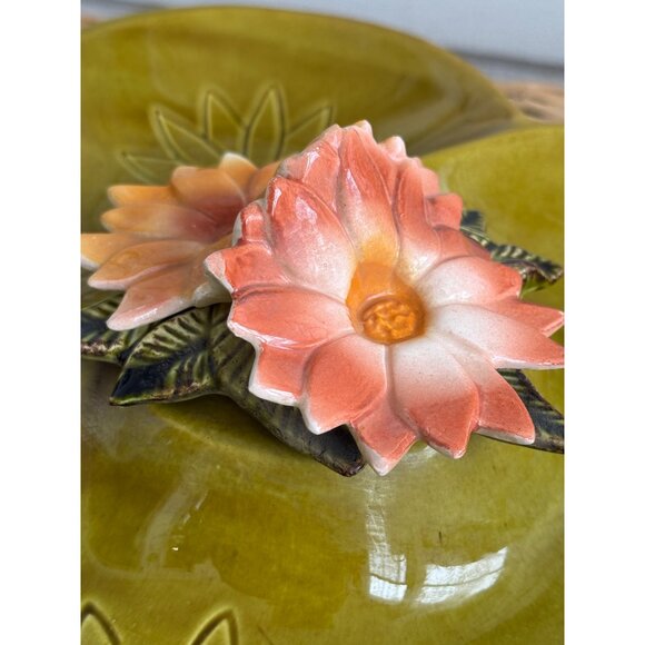 Vintage Mid-Century Modern California Pottery Green Floral Divided Serving Dish - Picture 6 of 11